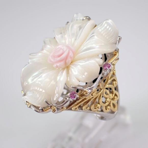 Authentic Gems En Vogue Mother of Pearl, Pink Coral & Sapphire Ring Size 8! - Picture 2 of 3